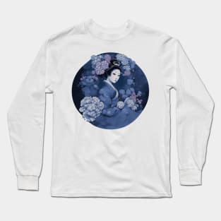 Japanese Geisha with Hydrangea Flowers Long Sleeve T-Shirt